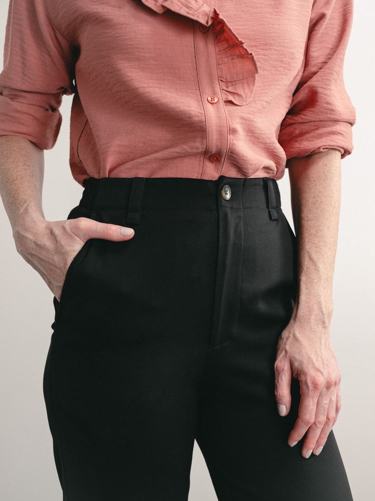 If you’re looking for the classic Audrey Hepburn cigarette pant, this is it. Made of a soft and stretchy fabric, it’s incredibly comfortable and has elastic at the back waistband for extra comfort—along with a cool slant back pocket. Hitting at the perfect crop for a loafer, slide or even boot, it’s a versatile pant that will last for the long haul, just like your own personal legacy. Everyday Solid Pants With Welt Pockets, Everyday Pants With Side Pockets And Straight Hem, Everyday Bottoms With Welt Pockets For Fall, Fall Bottoms With Welt Pockets For Everyday, Solid Color Pants With Straight Hem For Everyday Wear, Everyday Tapered Pants With Side Pockets, Everyday Straight Pants With Hip Pockets, Straight Pants With Hip Pockets For Everyday, Casual Fitted Pants With Pressed Crease