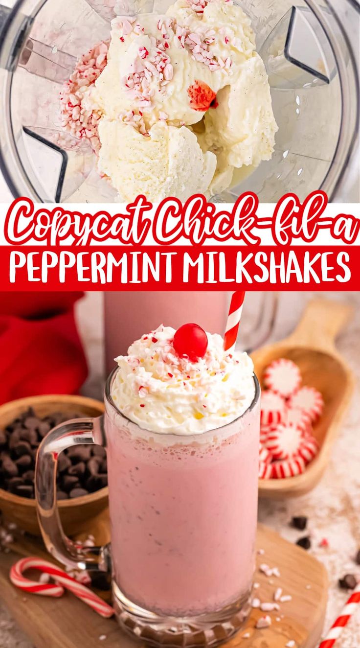 two pictures showing the ingredients for peppermint milkshakes