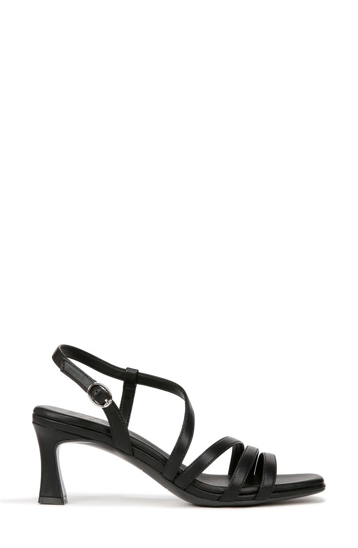 Asymmetric vamp straps lend modern dimension to an elegant sandal set on a cushioned footbed and flared heel. 2 1/4" heel Adjustable slingback strap with buckle closure Cushioned footbed with Contour+ technology Synthetic upper, lining and sole Imported Elegant Double Strap Slingback Sandals For Evening, Sleek Strappy Slingback Sandals For Evening, Evening Slingback Sandals With Double Strap, Evening Slingback Sandals With Double Strap And Heel, Evening Sandals With Double Strap, Double Strap Evening Sandals, Leather Double Strap Heels For Evening, Sleek Slingback Sandals With Low Heel, Evening Double Strap Leather Sandals