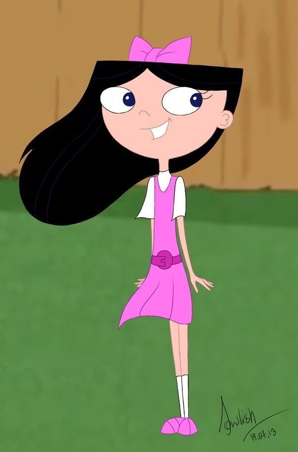 an animated girl in a pink dress with long black hair and big blue eyes standing on the grass