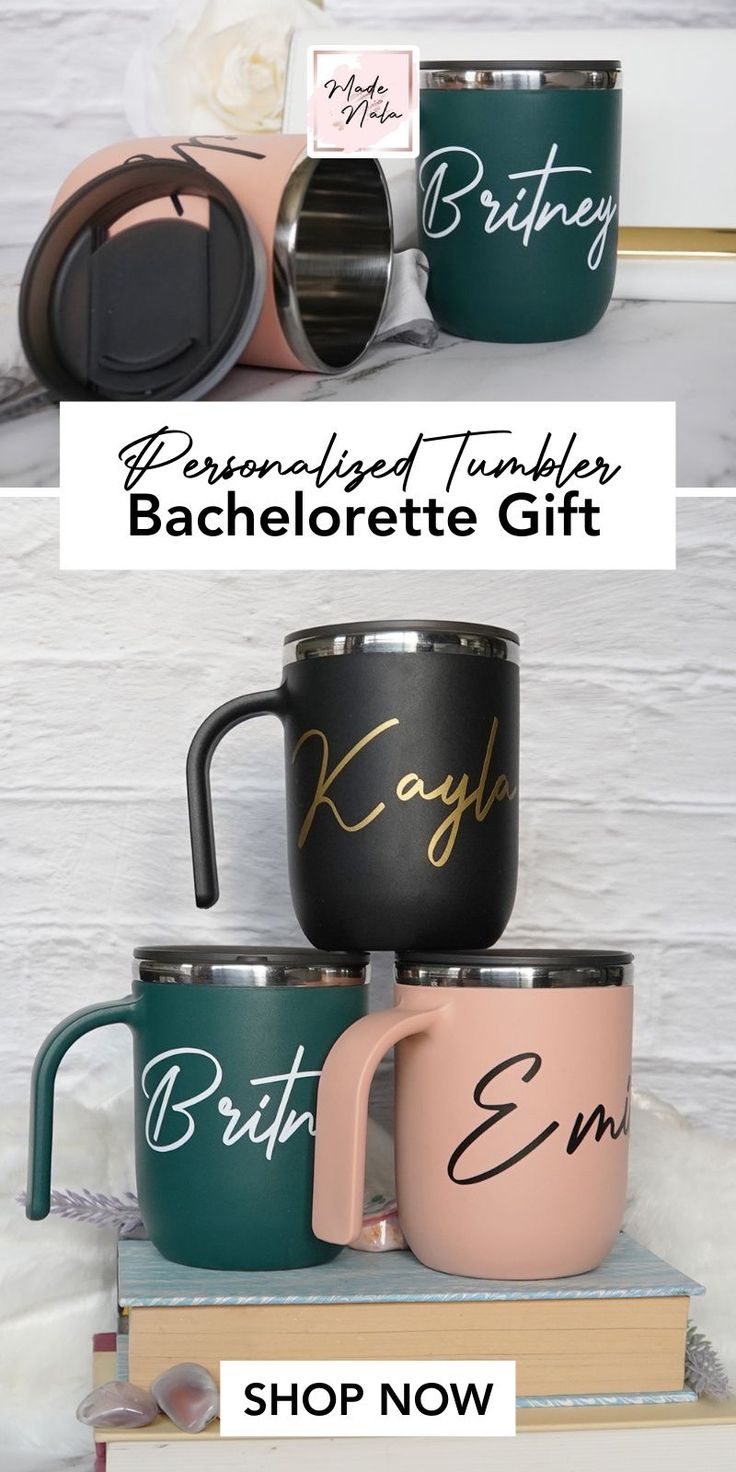 three different colored coffee mugs on top of each other with the words, personalized tumbler bachelor gift