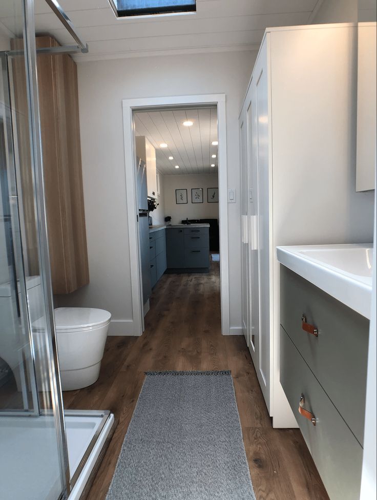 a bathroom with a skylight above the toilet and shower stall, along with a rug on the floor