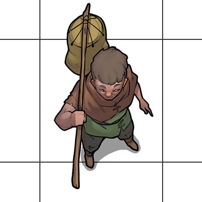 an image of a man with a backpack on his back holding a stick and looking down