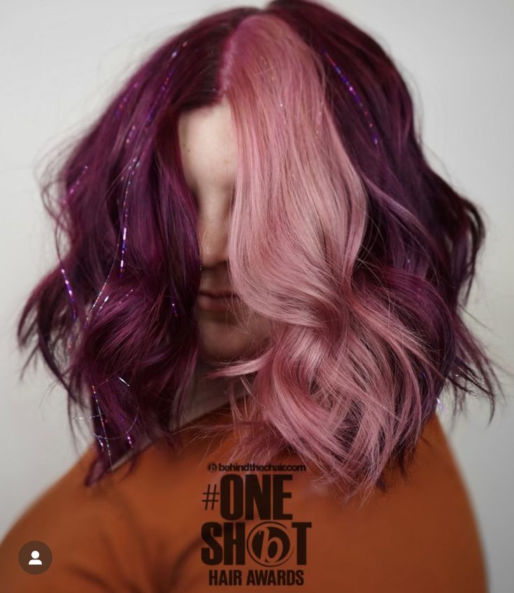 Valentine's Day Hair Color, Vivid Hair Color Trends 2023, Red Violet And Pink Hair, Wine And Pink Hair, Purple Hair With Tinsel, Pink Vivid Hair, Vivid Hair Color Short Hair, Multi Pink Hair, Berry Colored Hair