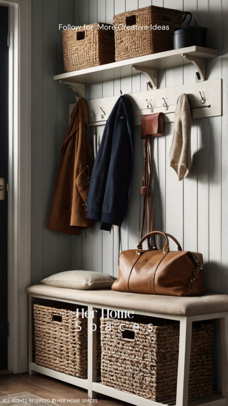 a coat rack with baskets and coats hanging on it