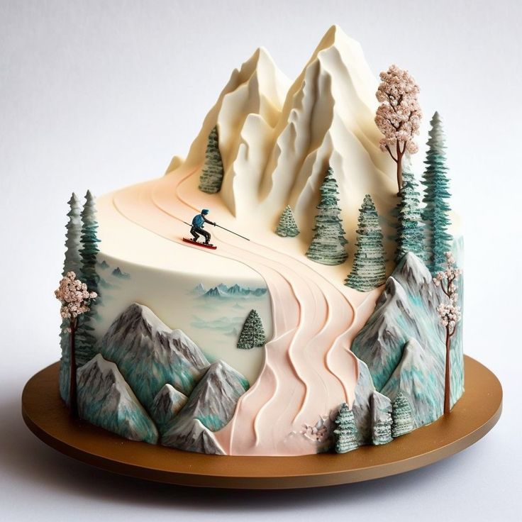 a cake decorated with mountains, trees and skiers