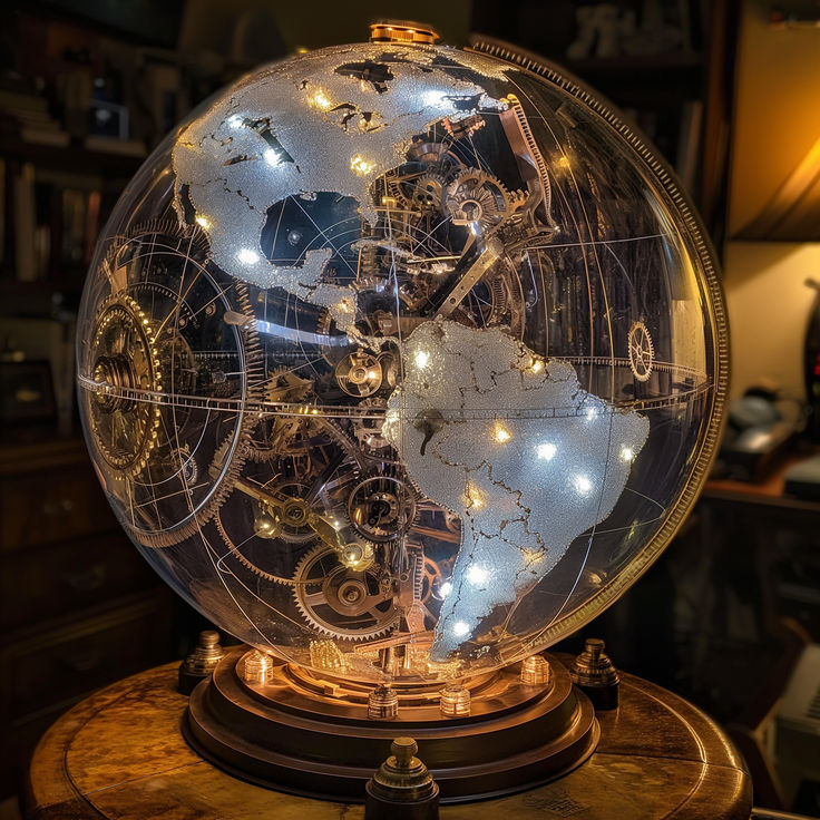 an illuminated globe on top of a wooden table