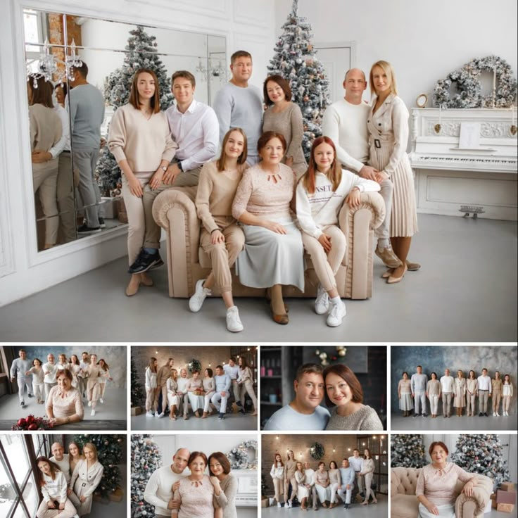 a group of people posing for pictures in front of a christmas tree with their family