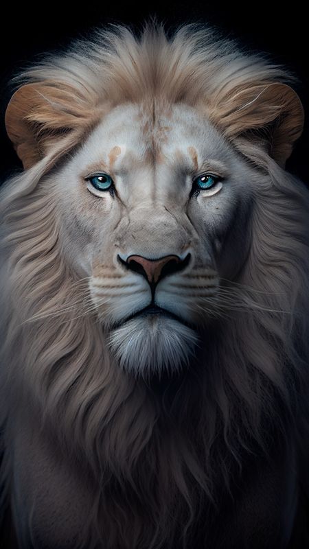 a white lion with blue eyes and long manes is looking at the camera while standing in front of a black background