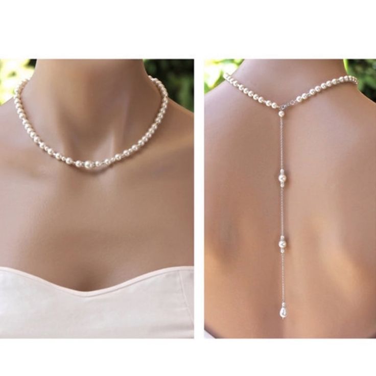 two pictures of the back of a woman's neck with pearls on it