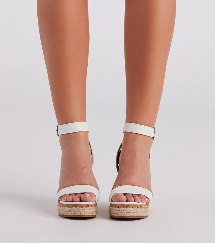 These adorable cork espadrille wedges will have you ready for weekend brunch! They feature an open almond toe with a toe strap. an adjustable ankle strap with a back criss-cross design. a sturdy cork wedge heel. and a braided espadrille trim. Complete your look with a chic handbag.Fit & Features Open almond toe. faux leather toe strap Faux leather adjustable ankle strap. back criss-cross design Metal buckle detail Cork wedge heel Espadrille trim Faux leather cushioned insole Runs true to size Trendy White Adjustable Wedge Sandals, Spring Wedge Sandals With Cork-bed Midsoles And Ankle Strap, Adjustable Ankle Strap White Wedge Sandals, White Wedge Sandals With Ankle Strap And Stacked Heel, Adjustable White Platform Wedge Sandals, White Open Toe Synthetic Espadrilles, Chic White Wedge Sandals With Cork-bed Midsoles, White Espadrilles With Textured Footbed For Spring, White Synthetic Espadrilles With Ankle Strap