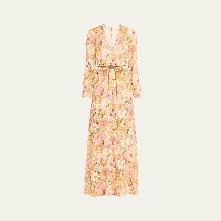 Zimmermann "Golden" floral linen maxi dress featuring a belted waist  V neckline Long sleeves  A-line silhouette Full length Slipover style Linen Dry clean Imported Chic Floral Print Maxi Dress For Daywear, V-neck Belted Maxi Dress For Daywear, Spring Daywear Floor-length Maxi Dress, Floral Print Floor-length Maxi Dress For Daywear, Floor-length Maxi Dress For Spring Daywear, Spring Floor-length Maxi Dress For Daywear, Floral Print Maxi Dress For Daywear, Floor-length Maxi Dress For Daywear In Spring, Bohemian Belted V-neck Maxi Dress