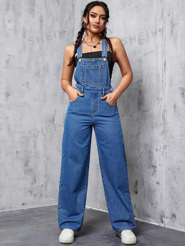 Details:Button \nStyle:Casual \nWaist Line:High Waist \nDetails:Patched \nDetails:Pocket \nNeckline:Straps \nType:Overall \nColor:Medium Wash \nPattern Type:Plain \nSleeve Length:Sleeveless \nLength:Long \nFit Type:Regular Fit \nFabric:Non-Stretch \nMaterial:Denim \nComposition:90% Cotton \nComposition:6% Polyester \nComposition:4% Viscose \nCare Instructions:Machine wash, do not dry clean \nBody:Unlined \nSheer:No \n Womens Denim Overalls, Jeans Overall, Denim Outfits, Denim Dungarees, Skirt Denim, Denim Blouse, Jeans Casual, Denim Overalls, Denim Jumpsuit