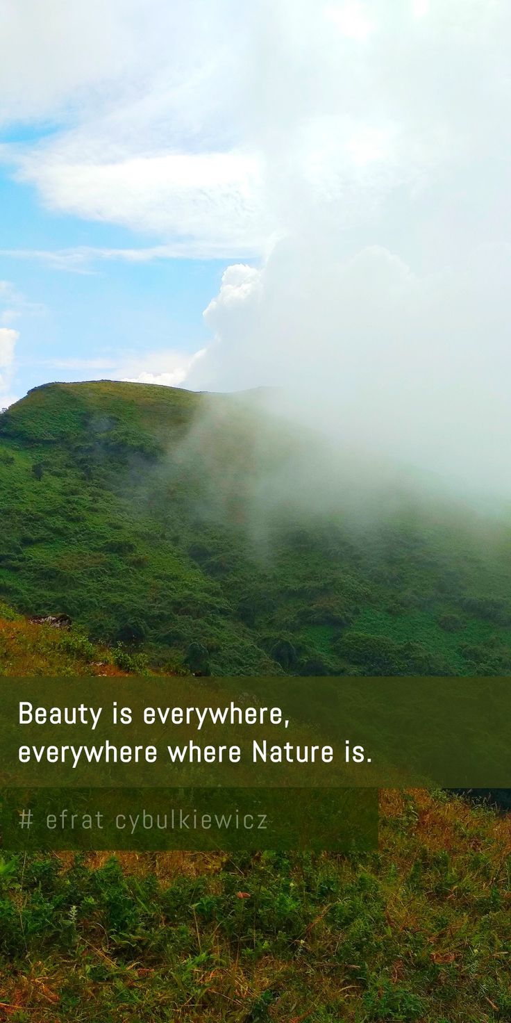 there is a quote about beauty on the side of a hill with clouds in the background