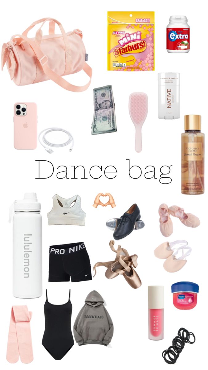 the words dance bag are surrounded by various items