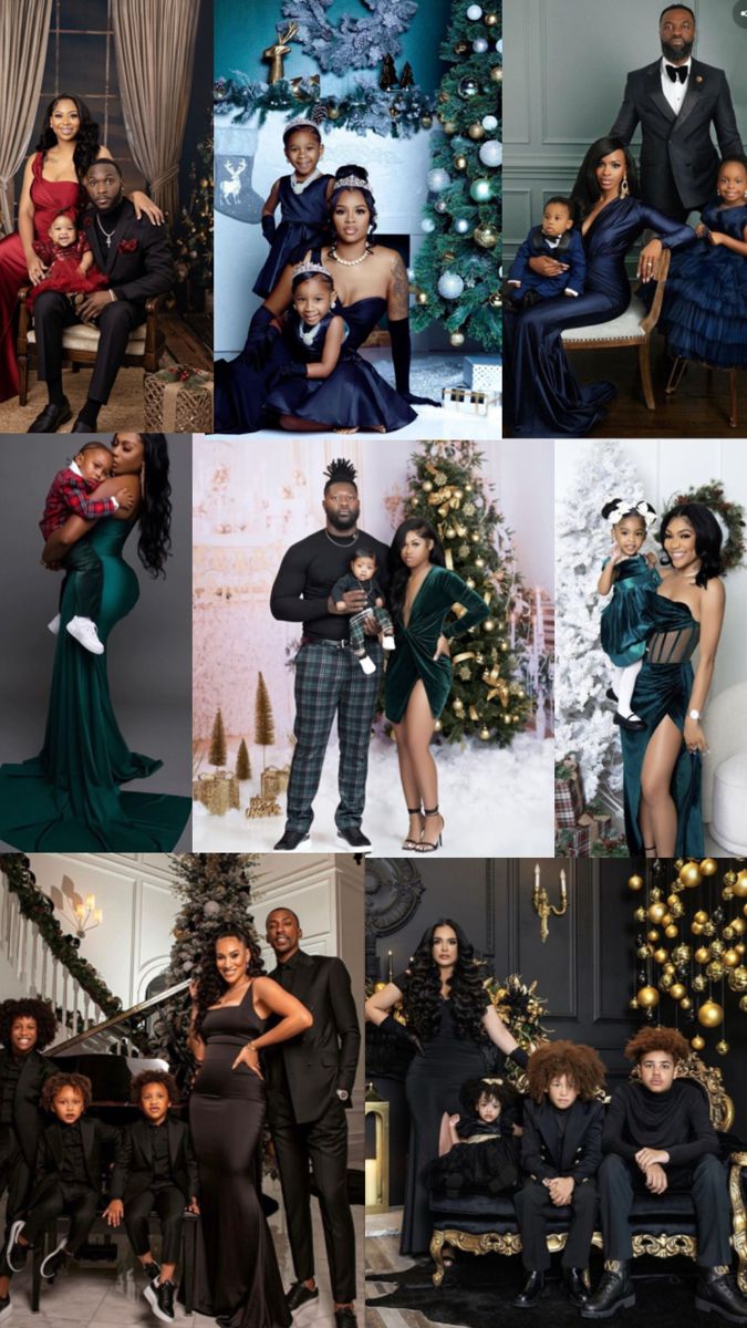 a collage of photos with people dressed in black and green, including christmas trees