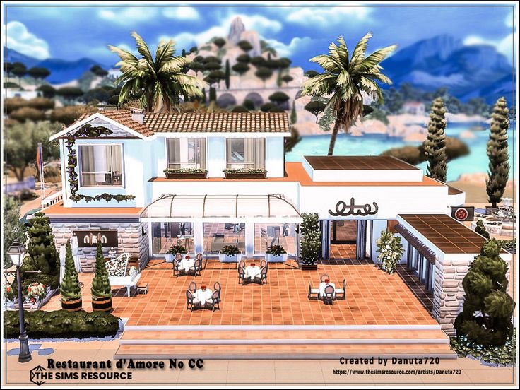 an artist's rendering of a house with palm trees and mountains in the background