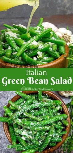 green bean salad with parmesan cheese on top in a wooden bowl next to a banana