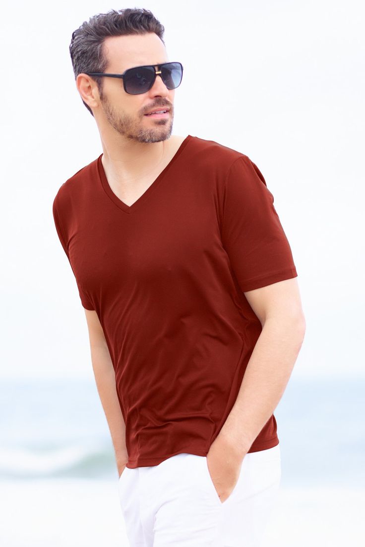 Marsala Pique Polyamide V Neck Casual Soft Stretch T-shirt For Summer, Summer V-neck Athleisure T-shirt, Fitted V-neck T-shirt In Athleisure Style, Jersey Short Sleeve Top For Summer, Summer Jersey Tops With Short Sleeves, Short Sleeve Jersey Top For Summer, Jersey Short Sleeve Summer Top, Mens Scoop Neck T Shirt, Sporty V-neck T-shirt For Summer