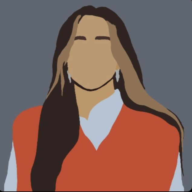 a drawing of a woman with long brown hair and earrings on her head, wearing an orange sweater