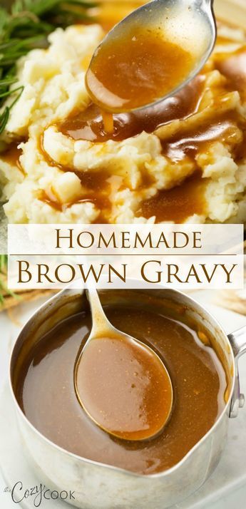 homemade brown gravy is being spooned over mashed potatoes