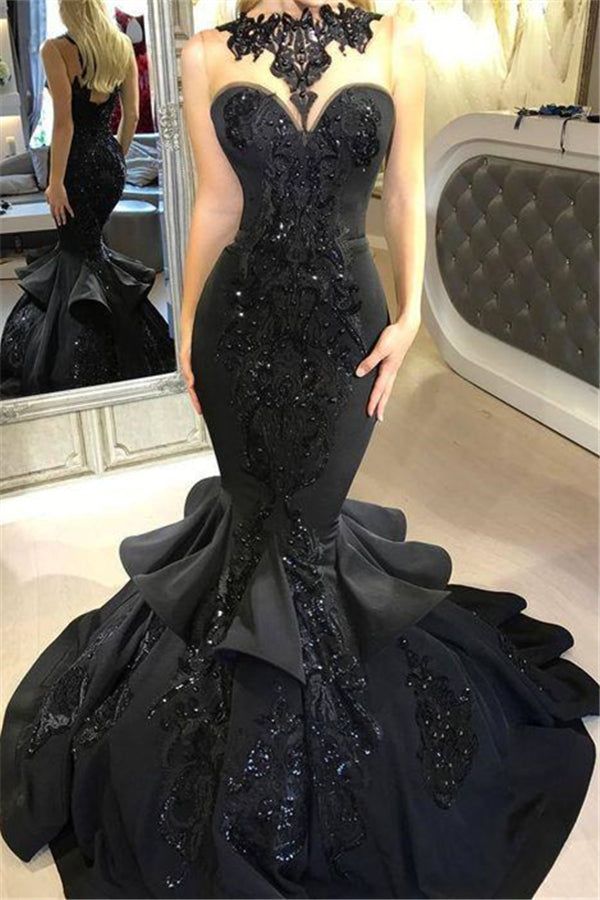 Chic Black Mermaid Prom Party GownsLong Sequins Ruffles Party Gowns-Ballbella Black Mermaid Prom Dress, Evening Dress Long, Strapless Evening Dress, Prom Dresses Long Mermaid, Black Mermaid, Long Evening Dress, Dresses Cheap, Beaded Prom Dress, Black Prom