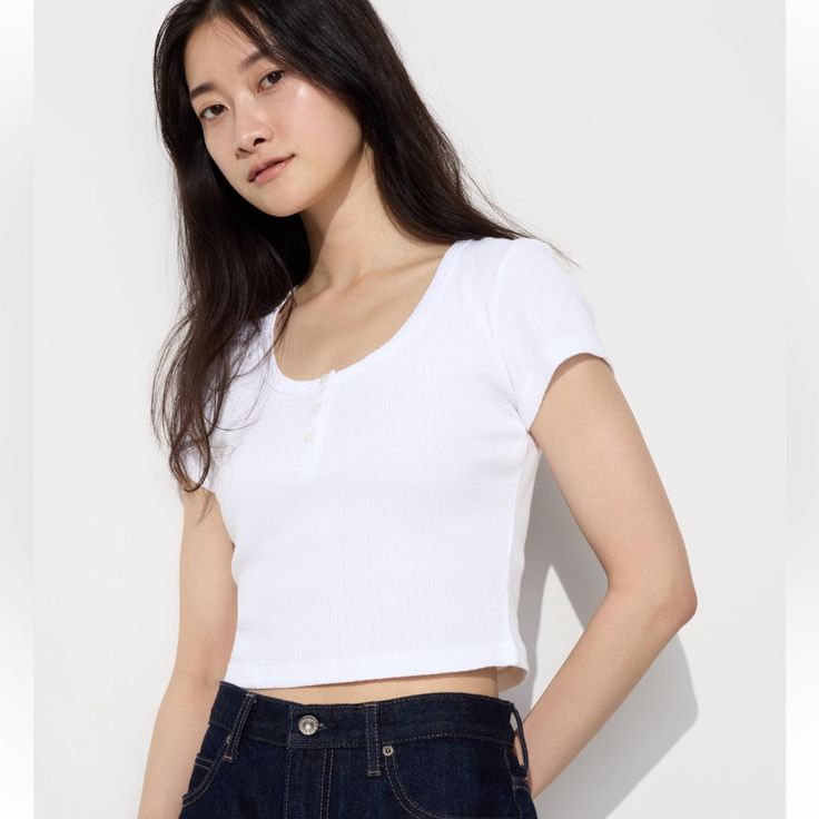 New With Tags Uniqlo Store, Uniqlo Tops, Henley T Shirt, Uniqlo Women, Styling Ideas, Helmut Lang, Uniqlo, Neck T Shirt, Not Available