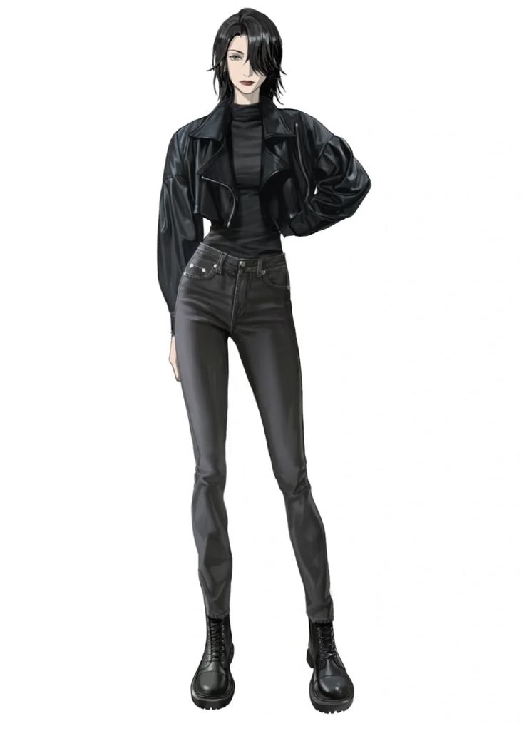 a woman with black hair and leather pants is standing in front of a white background