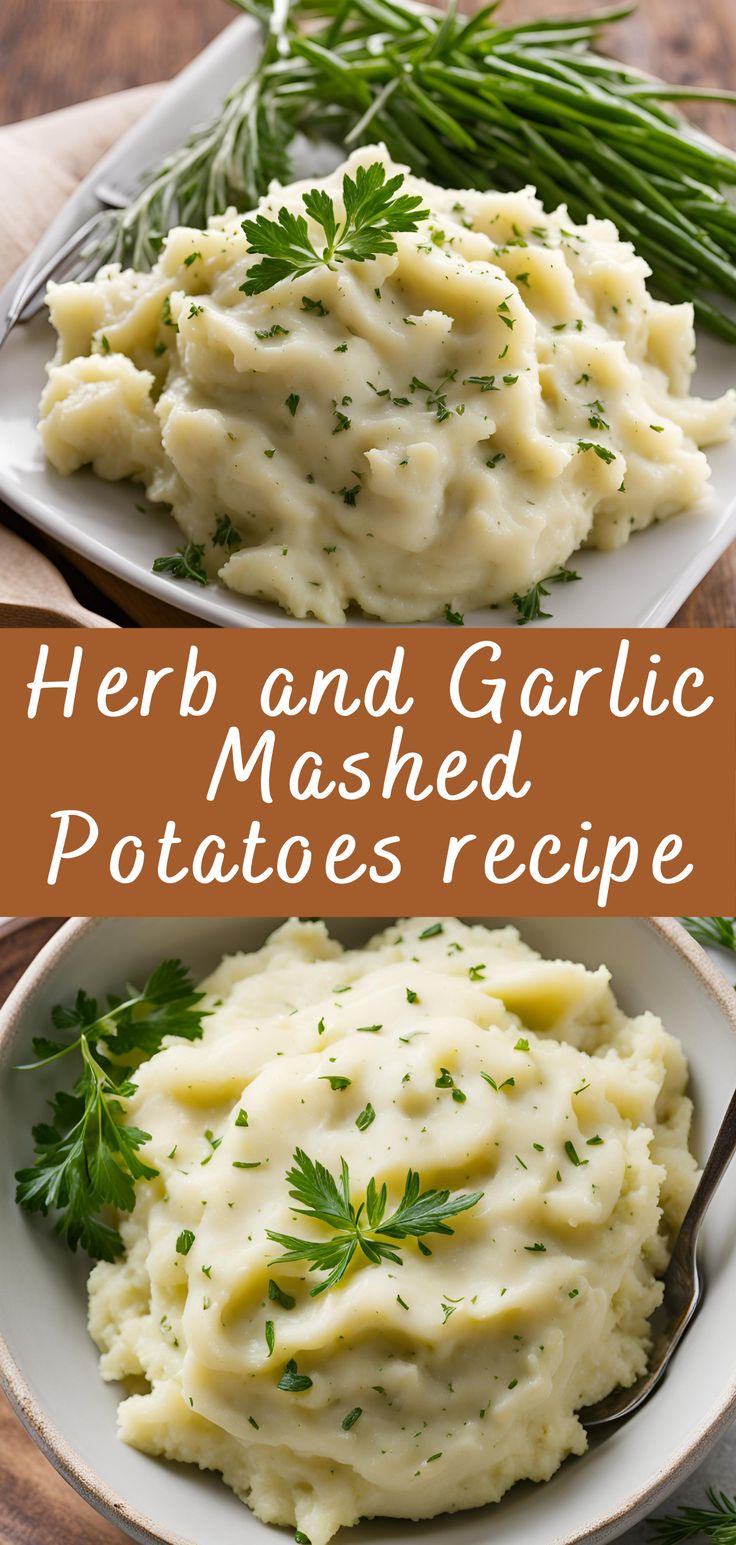 two plates filled with mashed potatoes and garnished with parsley