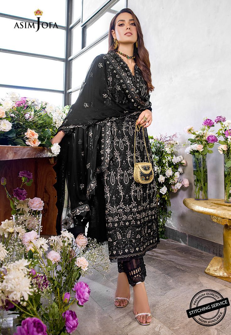 FABRIC: LAWNCOLOR: BLACK PRODUCT DETAILS Iqra slays in this classy noir ensemble brought to life by heavily done chickankari embroidery done in herringbone stitch adorned with 5 mm muted copper sequins and banarsi zari working wonders in this design. It comes with an embroidered chiffon dupatta and solid dyed pants.DESIGN DETAILS:1.25 meters Embroidered Jaal For Front on lawn (W 32" H 45")1 piece Embroidered Chan on lawn for back32” Embroidered border for front daaman32” Embroidered border for b Black Georgette Lawn Suit For Eid, Black Long Sleeve Lawn Suit In Georgette, Black Long Sleeve Georgette Lawn Suit, Black Lawn Suit With Dupatta For Eid, Black Georgette Sharara With Dabka Work, Black Georgette Lawn Suit For Festive Occasions, Black Georgette Lawn Suit With Dabka, Black Georgette Lawn Suit With Dupatta, Black Embroidered Georgette Lawn Suit