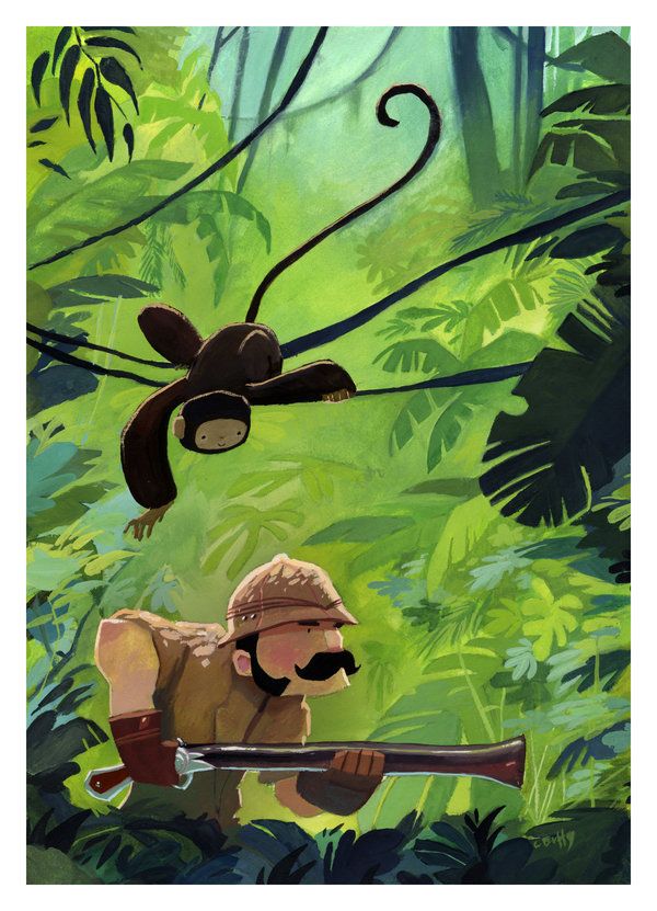 Hunter about to get Monkeyed :p Monkey Illustration, Jungle Illustration, 동화 삽화, Jungle Art, Children's Illustration, Forest Illustration, In The Jungle, Animation Background, Online Fashion Store