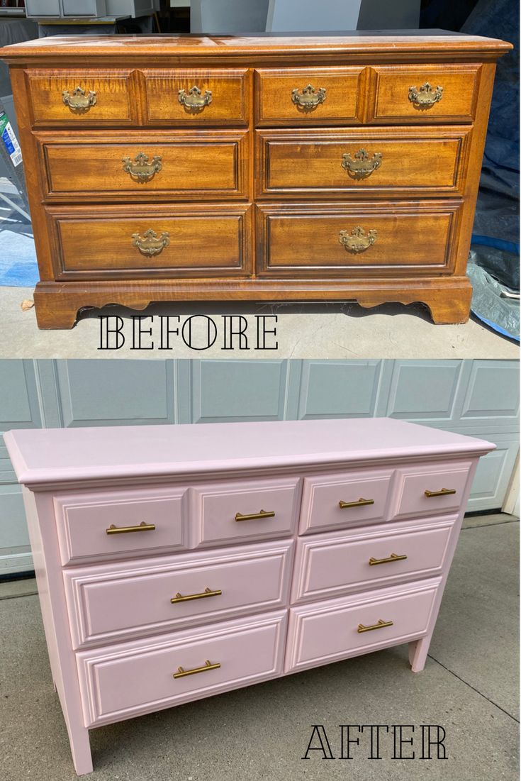 an old dresser is painted pink with gold hardware and then it has been refinished