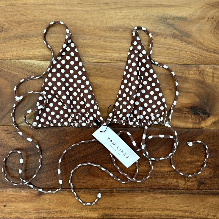 Brown & White Polkadot Bikini Top By Sivan Ayla Brown Swimwear For Poolside Spring Season, Spring Brown Swimwear For Poolside, Fitted Brown Swimwear For Beach, Fitted Brown Swimwear For The Beach, Brown Swimwear For Spring Sunbathing, Summer Brown Triangle Top Swimwear, Brown Triangle Top Swimwear For Summer, Summer Triangle Top Brown Swimwear, Brown Swimwear For Spring Beach Party