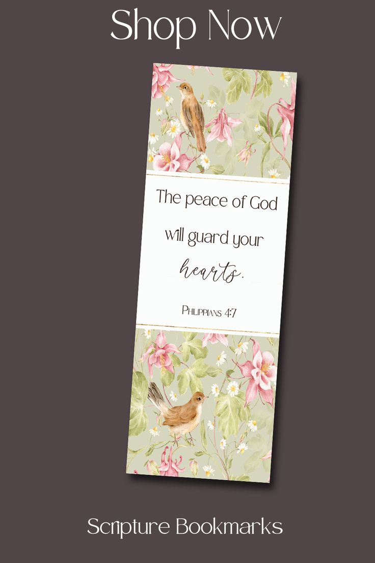 a bookmark with flowers and birds on it that says, the peace of god will guard your heart