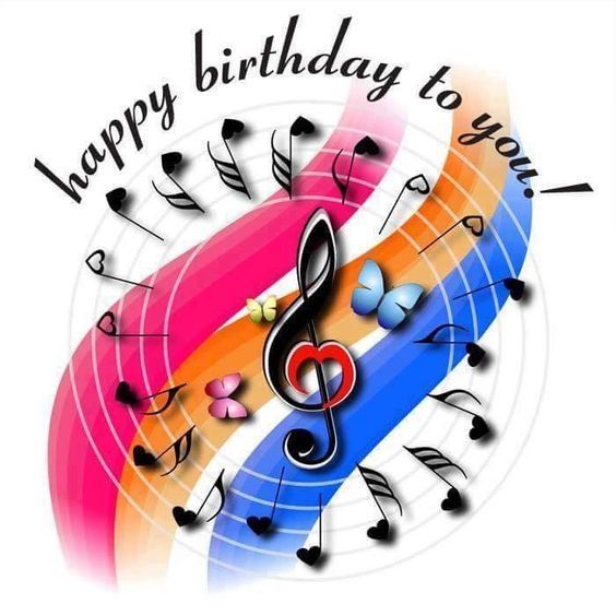 happy birthday to you with music notes and hearts on rainbow colored lines, over white background