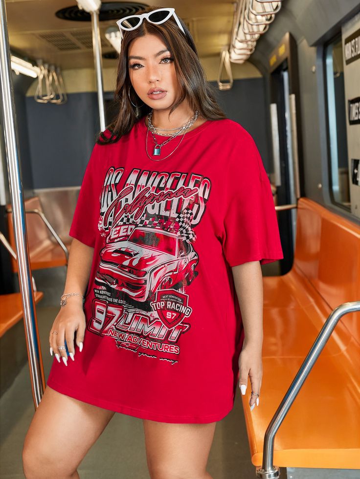 Red Casual Collar Half Sleeve Knitted Fabric Car,Letter  Embellished Slight Stretch  Women Plus Clothing Dream Dresser, Orange Shirt Outfit, Oversized T Shirt Outfit, Oversize Tshirt Outfits, Car Letter, Teen Swag Outfits, Drop Shoulder Tee, Baggy Clothes, Shein Outfits