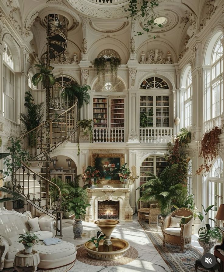 a living room filled with lots of furniture and plants on the wall next to a fire place