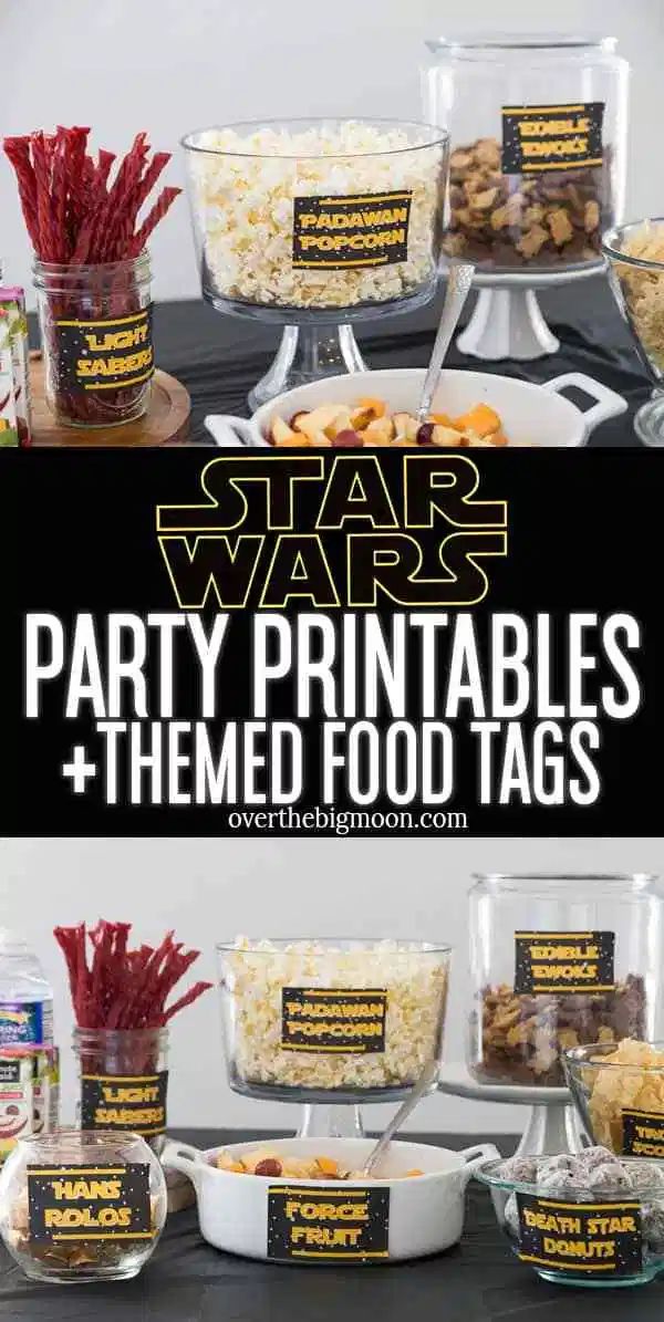 star wars party printables and themed food tags are on display in front of the table