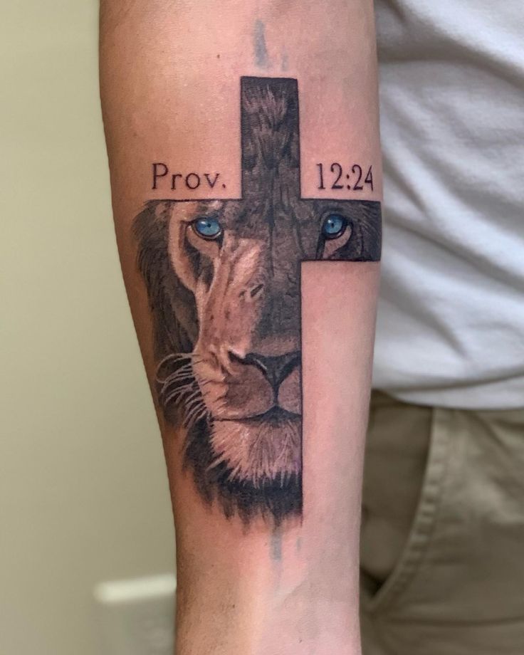 Forearm Cross Tattoo Biblical Men Tattoos, Calvary Hill Tattoo, John 3 16 Tattoo Ideas Men, Cross With Lion Tattoo, Around The Wrist Tattoos For Guys, Cross With A Crown Tattoo, Man Of God Tattoo, Psalm 91 Tattoo Men, Tattoo On Tricep For Men