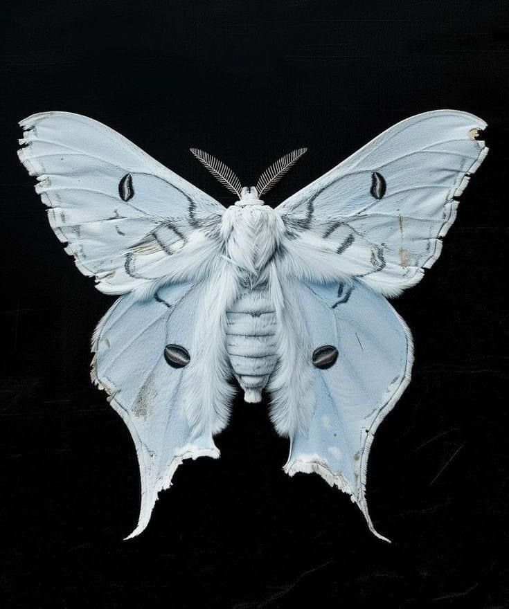 a white moth with black spots on it's wings and head, sitting on a black background