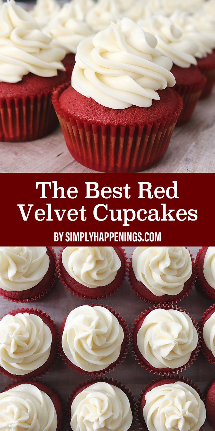 the best red velvet cupcakes with white frosting on top are shown here