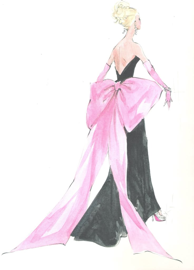 a drawing of a woman in a black and pink dress with a large pink sash