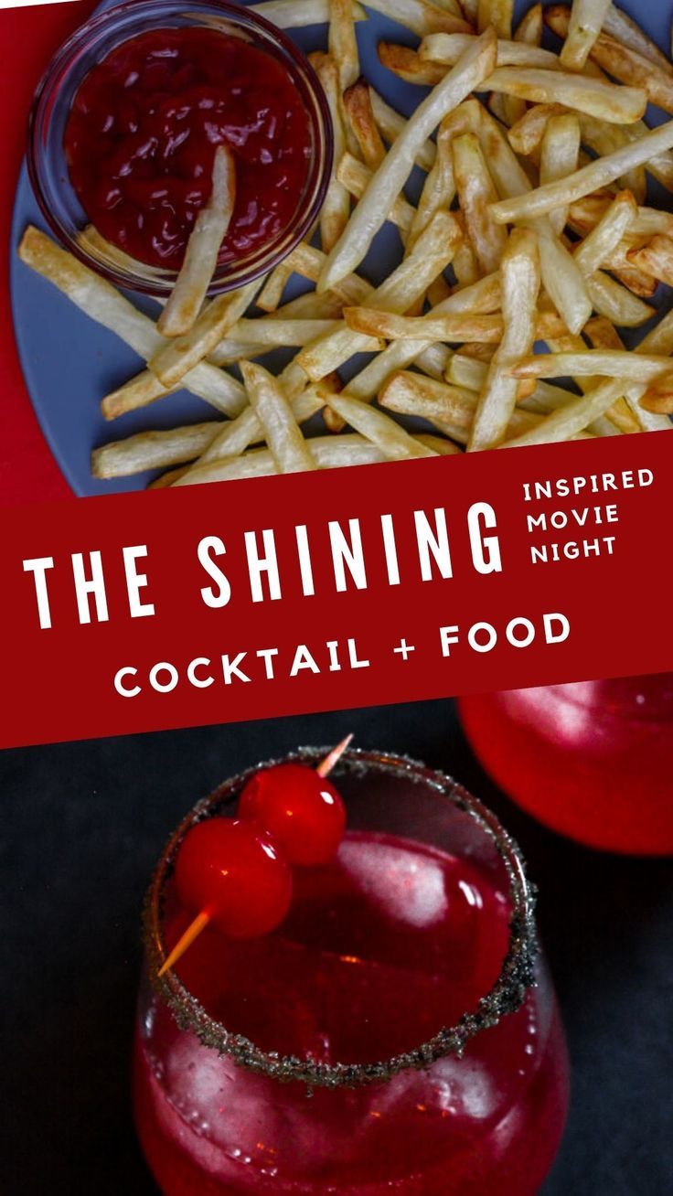 the shining movie night | the shining cocktail | the shining food Movie Inspired Recipes, Fries And Ketchup, Themed Dinners Ideas, The Shining Movie, Movie Night Ideas, Scary Movie Night, Movie Night Dinner, Horror Movie Night, Red Rum