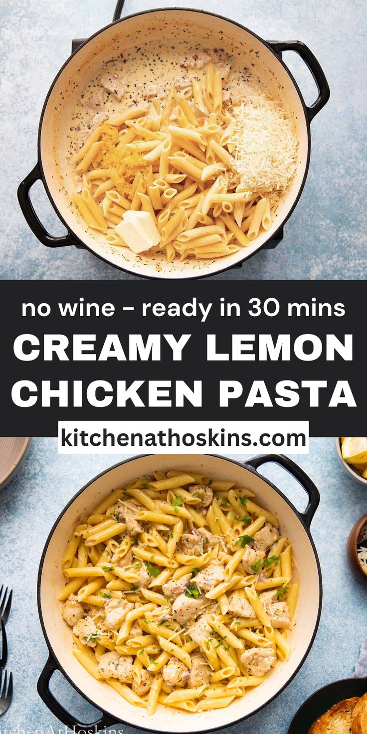 creamy lemon chicken pasta with parmesan cheese in a skillet