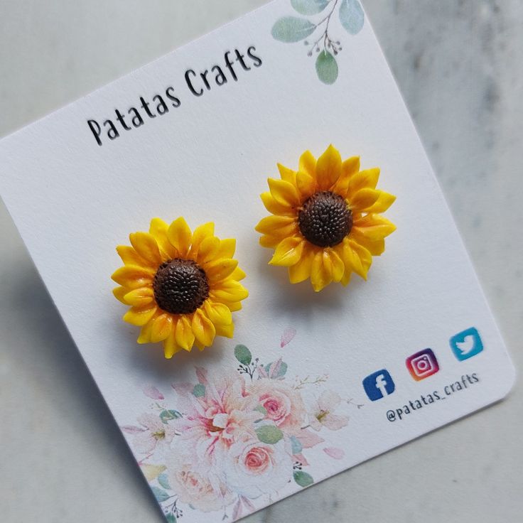 A pair of sunflower stud earrings I made from polymer clay Bee Clay, Polymer Clay Sunflower, Clay Sunflower, Sunflower Earrings, Scrapbook Stickers Printable, Stickers Printable, Scrapbook Stickers, Printable Stickers, Polymer Clay Earrings