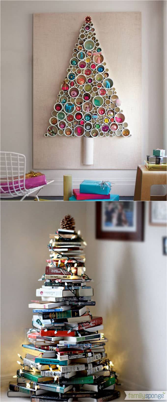 a christmas tree made out of books is shown in two different pictures, one with buttons on it