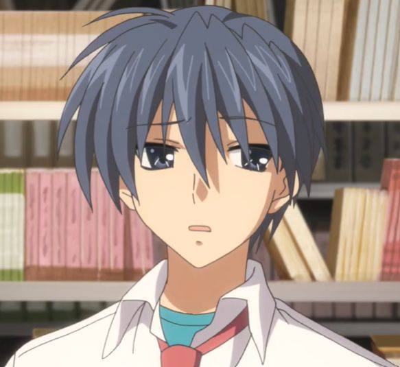 an anime character with blue hair wearing a white shirt and tie in front of bookshelves