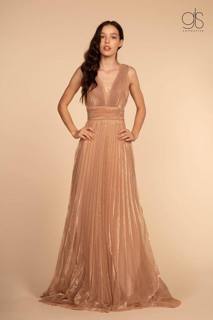 Pleated Long Illusion V-Neck Metallic Dress by Elizabeth K GL2574-Long Formal Dresses-ABC Fashion Empire Waist Prom Dress, Prom Dresses Gold, Gowns Gold, Rose Gold Prom Dress, Empire Wedding Dress, Prom Dresses For Sale, Bridesmaid Dresses Prom, Bateau Neckline, Metallic Dress