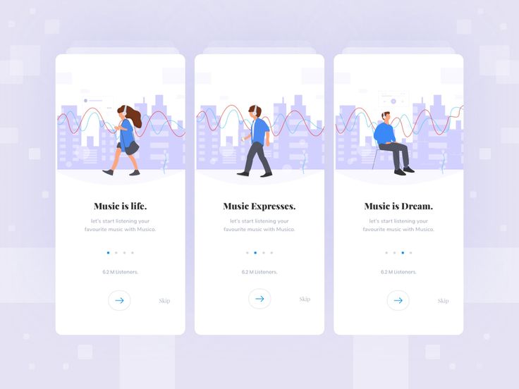 three mobile app screens showing people walking in different directions, with music and drama on them