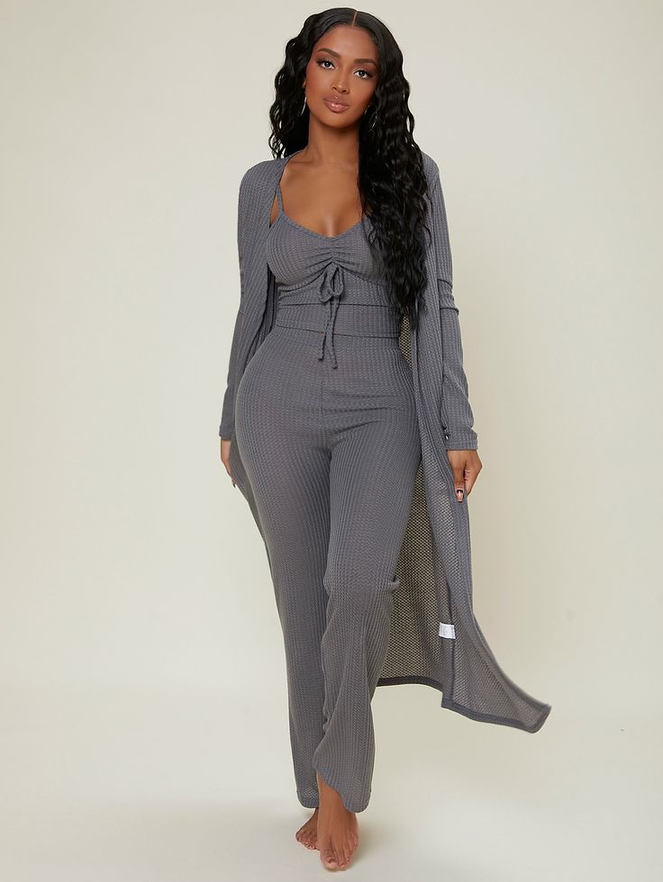 Ruched Bust Solid Lounge Set Dark Grey Casual-Woman  Long Sleeve Fabric Plain Robe Sets Slight Stretch Fall/Winter Women Sleep & Lounge, size features are:Bust: ,Length: ,Sleeve Length: Stylish Loungewear, Belt Design, Lounge Set, Shein Style, Lounge Sets, Tank Top Cami, Knit Set, Cozy Knits, Cami Top